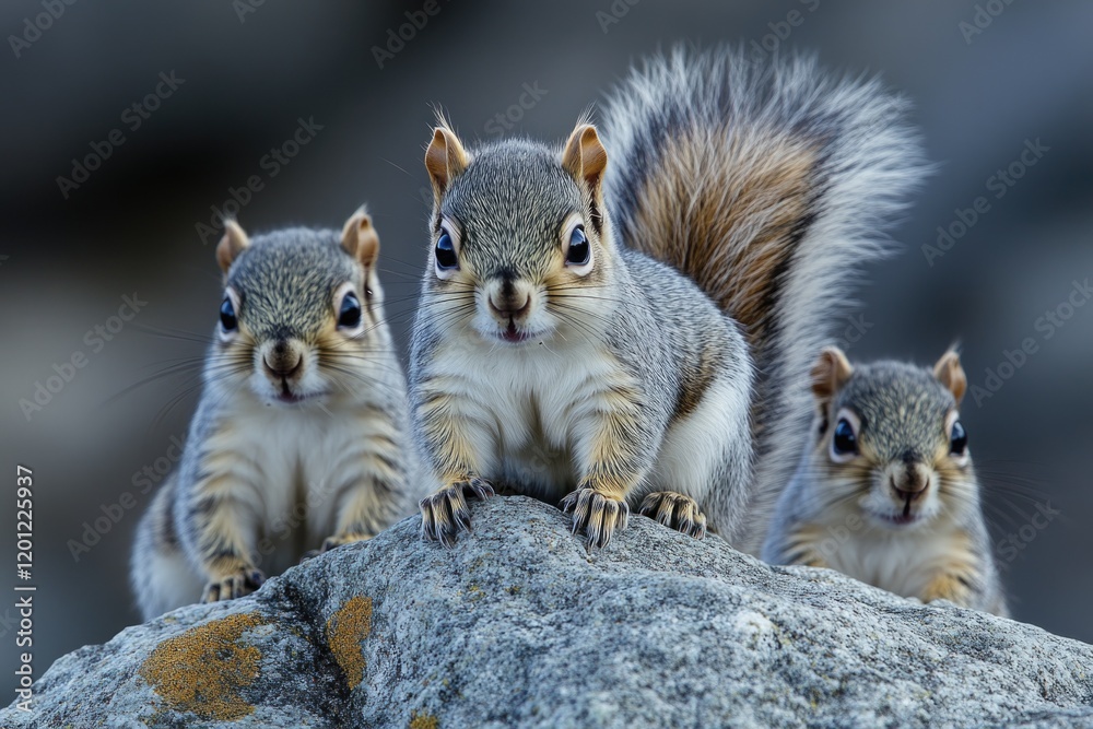 Poster a group of squirrels perched on top of a rocky outcropping, enjoying the view