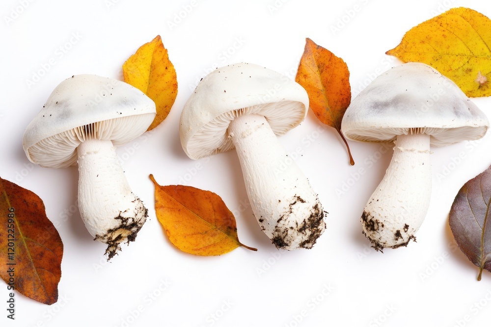 Poster a still life image of various types of mushrooms and leaves arranged on a white surface