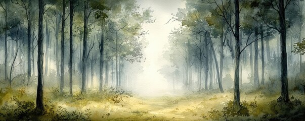 Obraz premium Misty watercolor concept. A serene forest scene enveloped in mist, showcasing lush trees and a tranquil pathway.