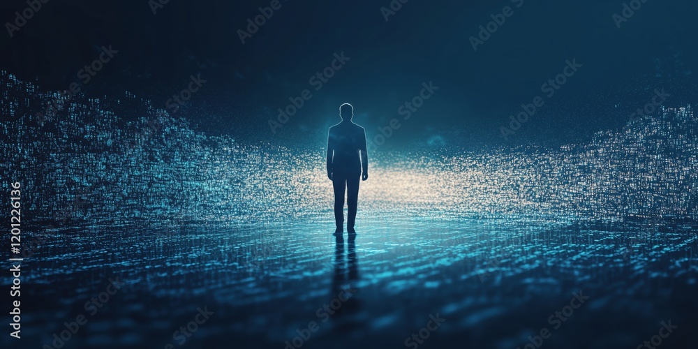 Poster silhouette of man in digital landscape surrounded by binary code and data streams, representing tech