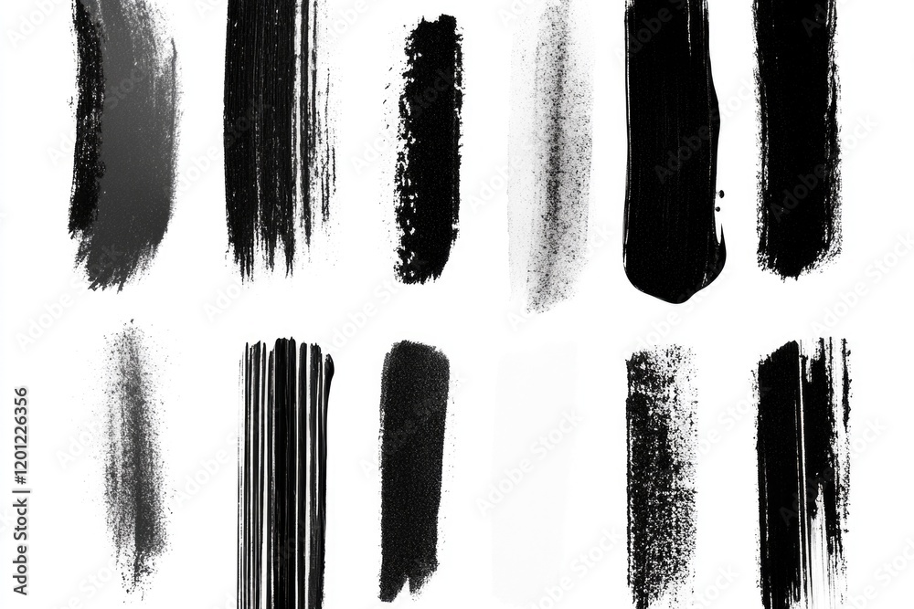 Poster collection of dark paint strokes on a clean white surface, ideal for representing creativity or arti