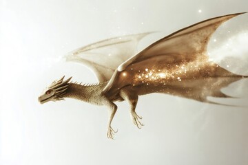 Mythical golden dragon flying with its wings spread, emanating magic sparkles on a light background