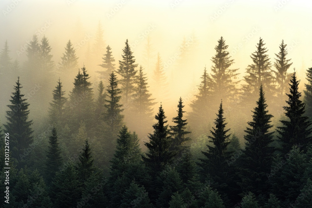 Poster a dense fog surrounds a forest with sunlight peeking through, creating a mystical atmosphere