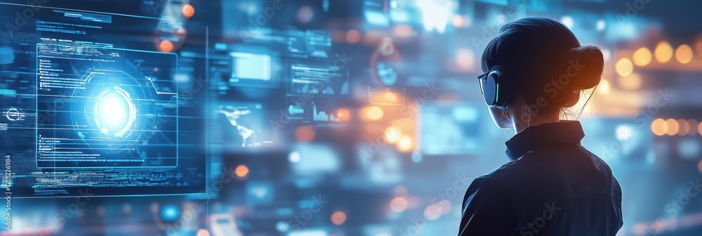 Poster futuristic data analyst monitoring digital interface with holographic displays and advanced technolo