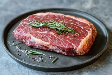 Fototapeta premium fresh raw entrecote steak with marbled texture garnished with rosemary and peppercorns on a black plate