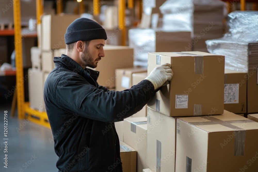 Aufkleber a person inspects and checks boxes on a shelf in a warehouse