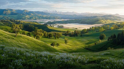 Serene sunrise over lush green landscape symbolizing rebirth vibrant fields nature photography tranquil environment scenic viewpoint new beginnings