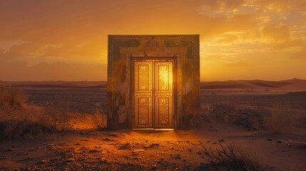 a high-resolution photo of an intricately designed door in a desolate desert slightly open with a soft