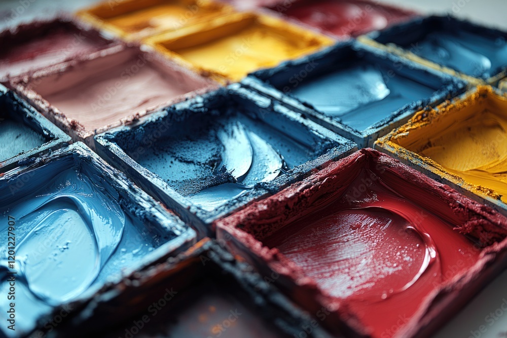 Poster a close-up shot of a paint tray with various colors and brushes