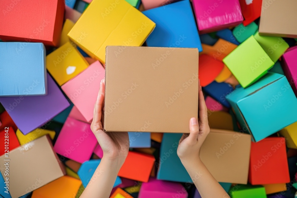 Aufkleber A person holds a box in front of a stack of colorful boxes, great for use in commerce or storage scenes