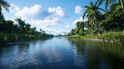 Obraz premium Serene river scene with lush greenery and palm trees.