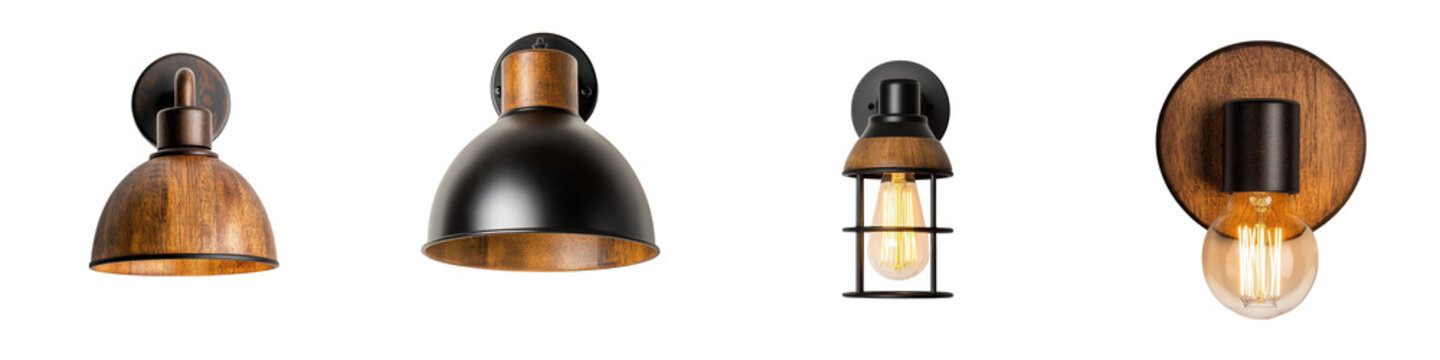 Collection of stylish industrial inspired lighting fixtures including metal dome pendant lamps warehouse style wall sconces and rustic wooden wall mounted lamps with exposed Edison bulbs