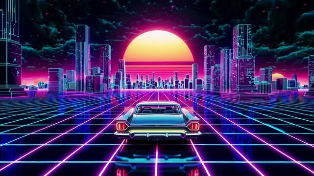 Retro futuristic neon cityscape with a car driving towards the vaporwave city, loop video