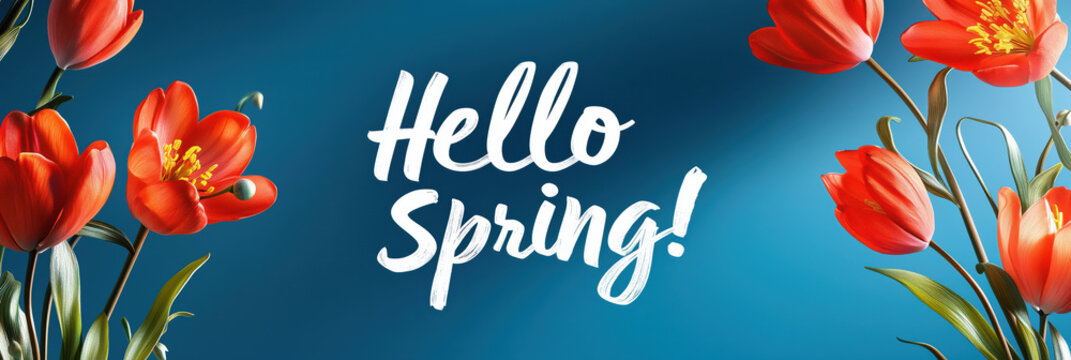 Hello Spring banner background. Beautiful blooming spring tulip flowers on a background of blue sky and text Hello Spring.