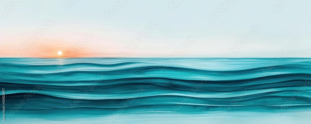 Poster Ocean watercolor idea. Calm ocean waves under a pastel sky during sunset, creating a serene and peaceful atmosphere.