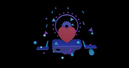 Red heart on a pedestal of abstract geometric shapes floating in the air. Abstract concept art with flying shapes in the center. 3d illustration on black background