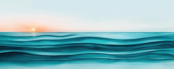 Ocean watercolor idea. Calm ocean waves under a pastel sky during sunset, creating a serene and peaceful atmosphere.