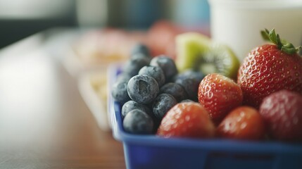 Colorful packed lunch highlighting fresh strawberries, blueberries, and yogurt, designed for a healthy lunch option