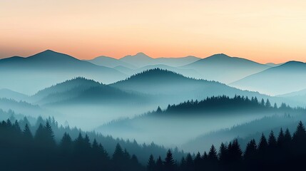 Fototapeta premium Misty watercolor concept. Serene mountain landscape with misty layers and soft pastel sky at dawn.