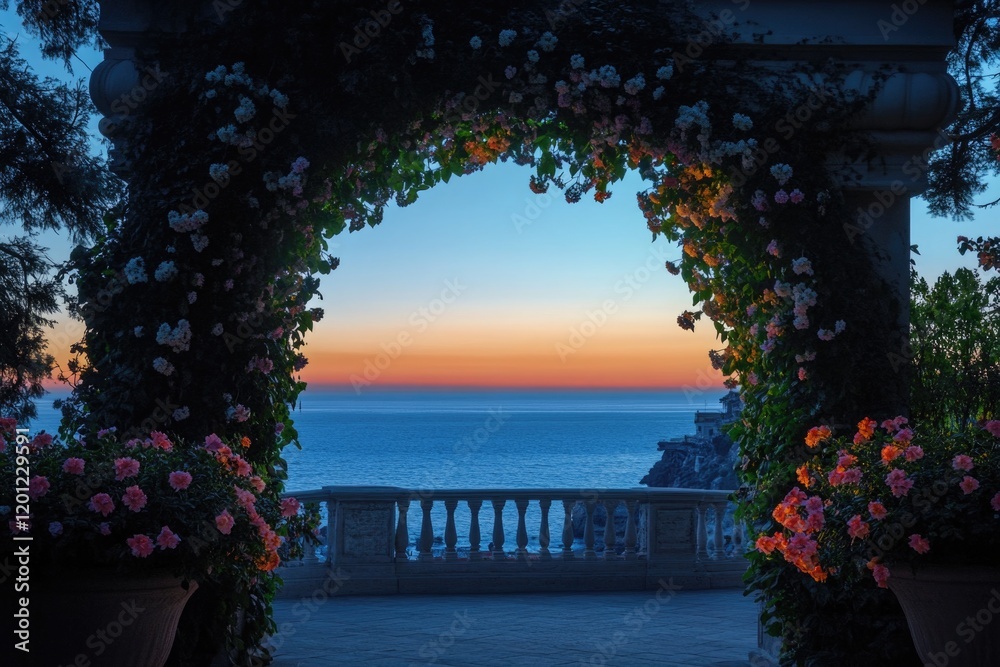 Poster a scenic view of the ocean through a pergola archway, perfect for use in travel or nature-themed pro