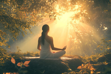 Free-spirited woman enjoying sunrise light, focusing on inner peace and mindfulness surrounded by nature