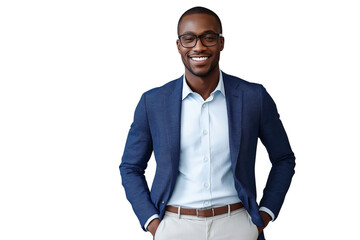 A smiling man in his thirties, wearing glasses and dressed for work in a business casual attire of a blue blazer over light gray slacks, stands against a transparent background 
