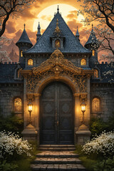Fototapeta premium Ornate castle entrance with golden gate shining in the moonlight