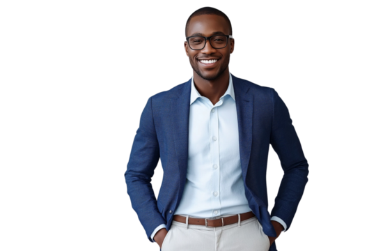 A smiling man in his thirties, wearing glasses and dressed for work in a business casual attire of a blue blazer over light gray slacks, stands against a transparent background 