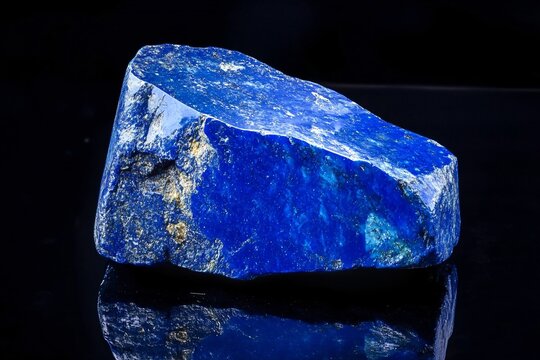 Raw lapis lazuli mineral stone reflecting on a black surface, showcasing its vibrant blue color and unique texture