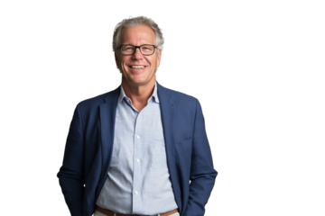 A smiling man in his thirties, wearing glasses and dressed for work in a business casual attire of a blue blazer over light gray slacks, stands against a transparent background 