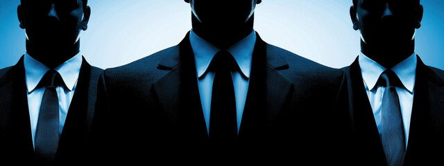 Silhouetted figures of three men in suits create a mysterious and formal atmosphere against a blue-tinted background.