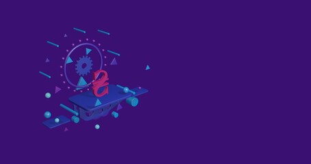 Pink hryvnia symbol on a pedestal of abstract geometric shapes floating in the air. Abstract concept art with flying shapes on the left. 3d illustration on deep purple background