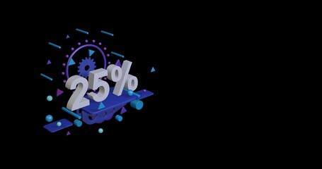 White 25 percent symbol on a pedestal of abstract geometric shapes floating in the air. Abstract concept art with flying shapes on the left. 3d illustration on black background