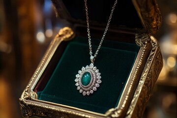 Exquisite emerald and diamond necklace lies in an open antique jewelry box, showcasing its elegance and craftsmanship