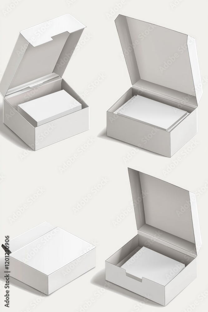 Poster Set of four open boxes on a white surface, ideal for storage or display purposes