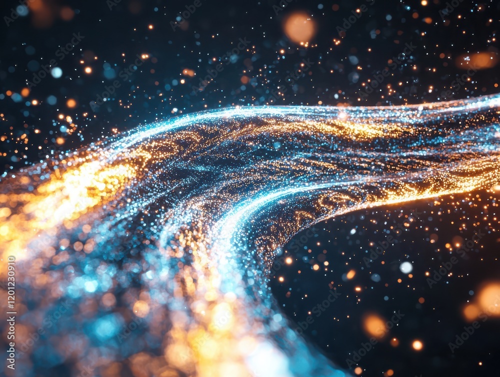 Poster dynamic visualization of digital data streams abstract space graphic representation colorful particl