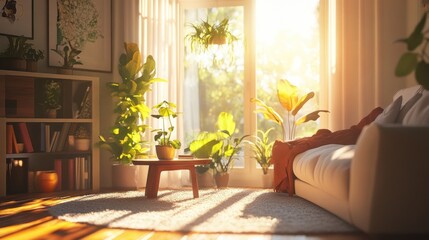 Sunlit living room with potted plants, a cozy sofa, and wooden furniture creating a warm, inviting atmosphere