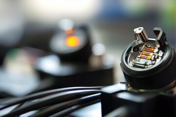 A detailed view of computer keyboard wires and components