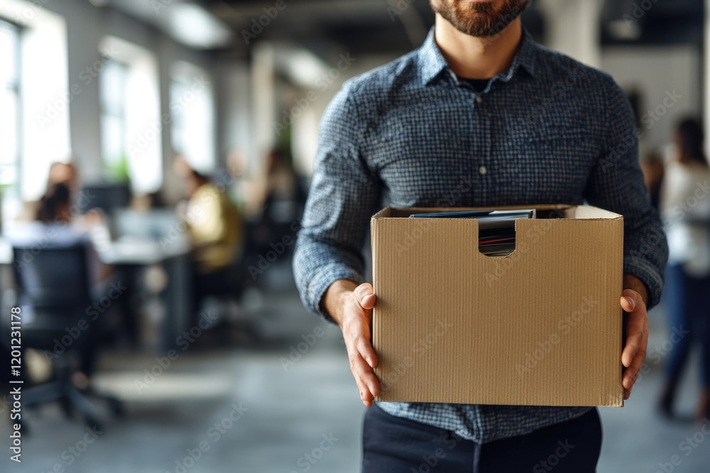 Poster a man holds a cardboard box in a modern office setting