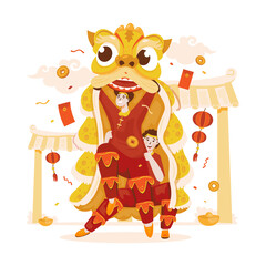 Celebrating Lunar new year with lion dance show vector illustration