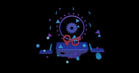 Red gender symbol on a pedestal of abstract geometric shapes floating in the air. Abstract concept art with flying shapes in the center. 3d illustration on black background
