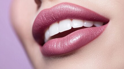 Obraz premium Close-up of glossy pink lips with a bright smile.