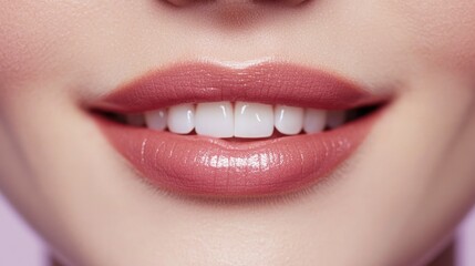 Obraz premium Smiling lips with vibrant glossy lipstick close-up.