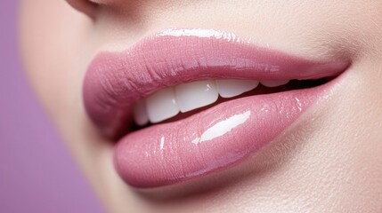 Charming glossy pink lips close-up with bright teeth.