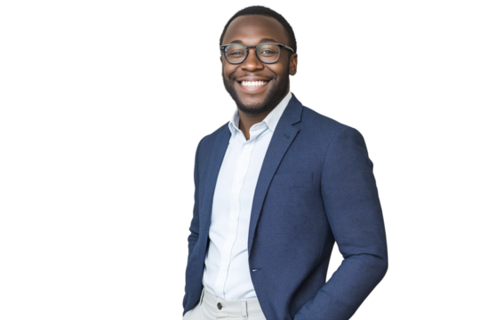  A smiling man in his thirties, wearing glasses and dressed for work with a blue blazer over light gray trousers, stands against a transparent background