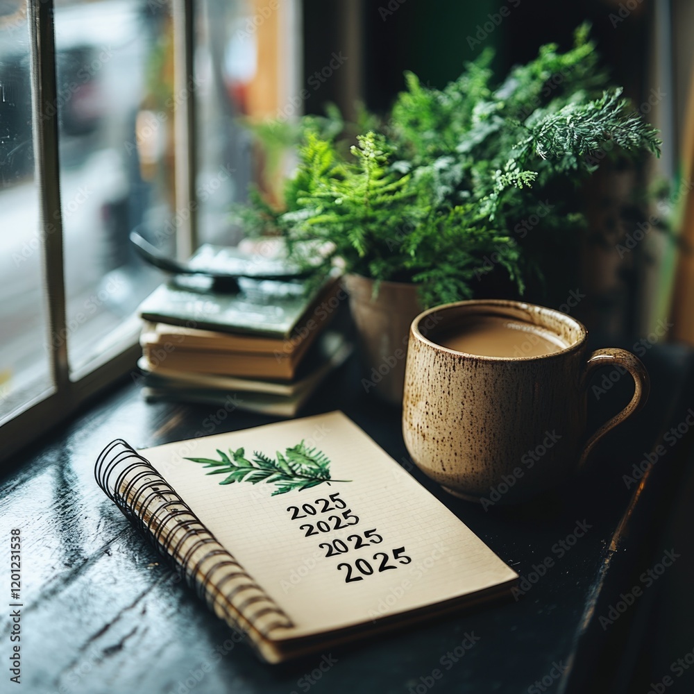 Poster a cup of coffee and a notebook sit on a windowsill, perfect for writing or reading