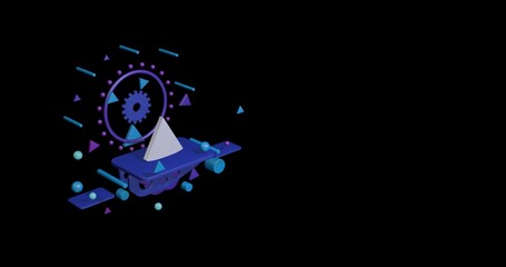 Obraz premium White cone on a pedestal of abstract geometric shapes floating in the air. Abstract concept art with flying shapes on the left. 3d illustration on black background