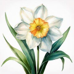 Fototapeta premium Exquisite Watercolor Painting of a Single White and Yellow Daffodil Flower with Lush Green Foliage