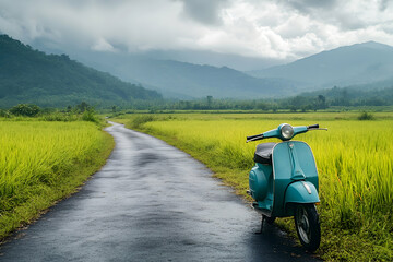 Moped parked on a rural road surrounded by green fields and nature