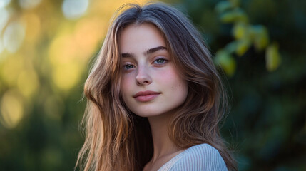 Naklejka premium Young woman with flowing hair poses calmly in a lush garden during golden hour
